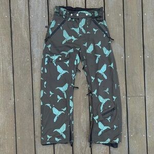 Y2K Grey Nikita Ski Pants Snow Pants w/ Blue Paper Cranes Graphics